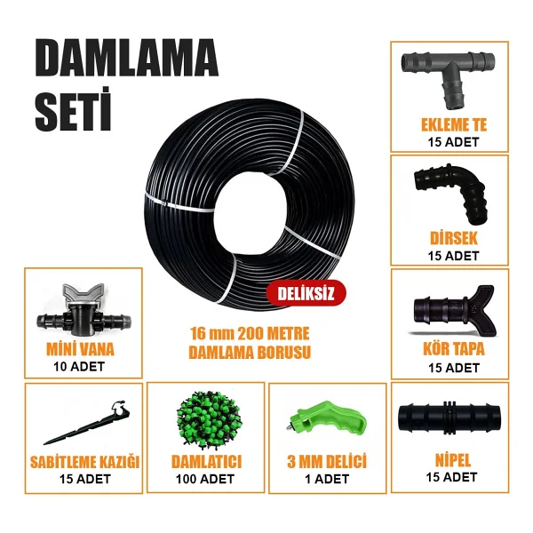 Sera Trend Damla Sulama Seti 200 Metre Damlama Hortumu Ve Ek Parçaları Bahçe Ağaç Fidan Sebze Sulama Ekipmanları Damlama Borusu Sistemi - 16mm - Görsel 6
