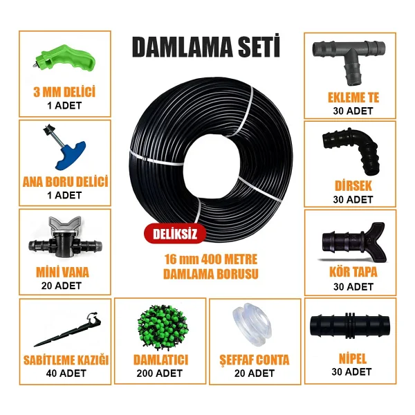Sera Trend 400 Metre Damla Sulama Seti Damlama Hortumu Ve Ek Parçaları Bahçe Ağaç Fidan Sebze Sulama Ekipmanları Damlama Borusu Sistemi Seti - 16mm - Görsel 6