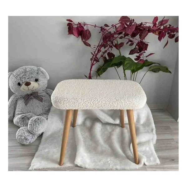 Beylerbeyi Ahşap Ayaklı Teddy Kumaş Dekoratif Puf Bench Makyaj Sandalyesi - Bej