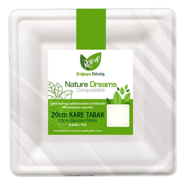 Roll-Up Nature Ekolojik Karton Kağıt Parti Tek Kullanımlık Kare Tabak - 20 Cm. - 6 Adetlik 1 Paket - Görsel 7