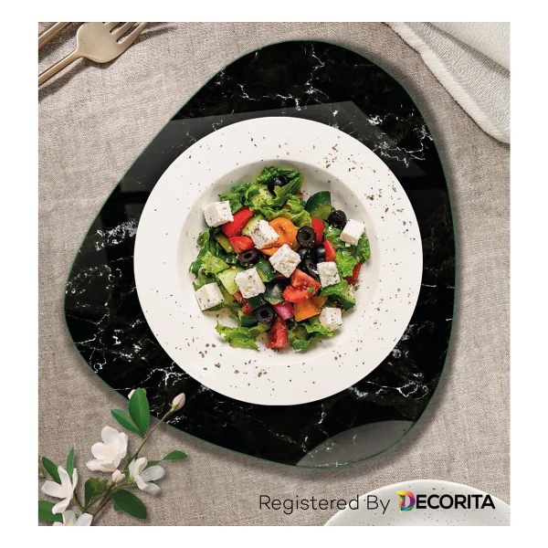 Decorita Cam Tabak Kahvaltı Tabağı Cam Supla 2'li Takım Siyah Mermer Görünümlü 32cm X 35cm - Görsel 7