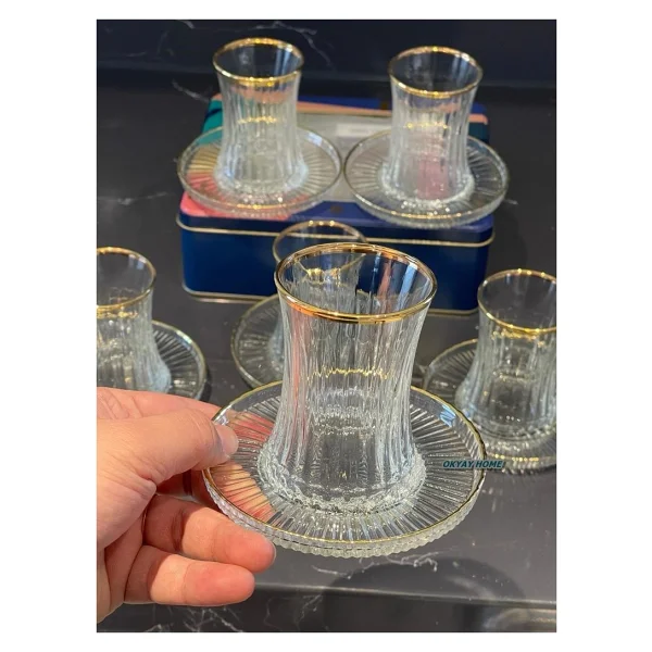 Paşabahçe 12 Parça Elysia Kesme Gerçek Yaldızlı Çay Seti Takımı , Hediyelik , Çeyizlik - Şeffaf - Gold - Görsel 5