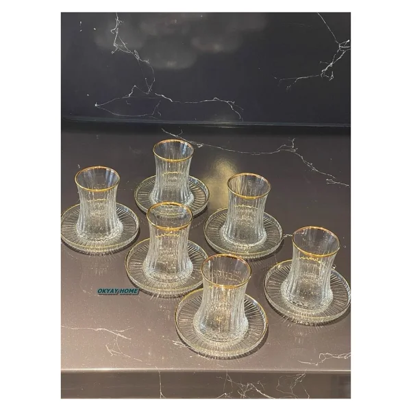 Paşabahçe 12 Parça Elysia Kesme Gerçek Yaldızlı Çay Seti Takımı , Hediyelik , Çeyizlik - Şeffaf - Gold - Görsel 2
