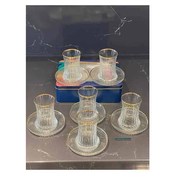 Paşabahçe 12 Parça Elysia Kesme Gerçek Yaldızlı Çay Seti Takımı , Hediyelik , Çeyizlik - Şeffaf - Gold - Görsel 3