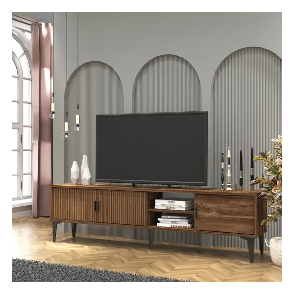 Cool Home Marin TV Ünitesi TV Sehpası 180 Cm Çizgi Desenli , Raflı , Ceviz - Görsel 6