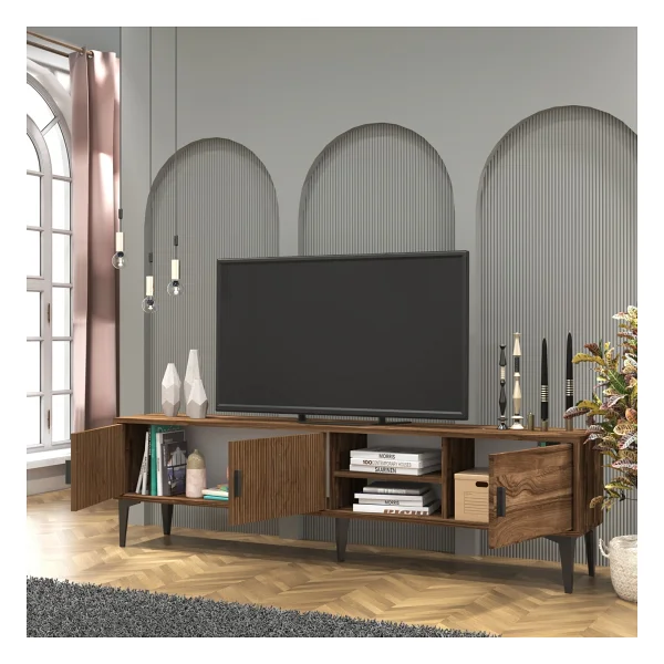 Cool Home Marin TV Ünitesi TV Sehpası 180 Cm Çizgi Desenli , Raflı , Ceviz - Görsel 2
