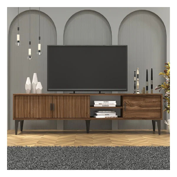 Cool Home Marin TV Ünitesi TV Sehpası 180 Cm Çizgi Desenli , Raflı , Ceviz - Görsel 3