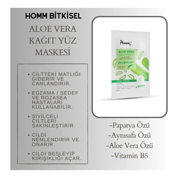 Homm Lıfe Aloe Vera Kağıt Yüz Maskesi (Yatıştırıcı Ve Onarıcı) - Görsel 2