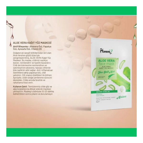 Homm Lıfe Aloe Vera Kağıt Yüz Maskesi (Yatıştırıcı Ve Onarıcı) - Görsel 3