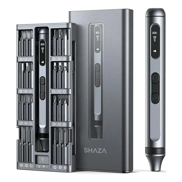 Shaza 50 Parça Şarjlı Hassas Tornavida Seti - LED Işıklı, Mıknatıslı Alüminyum Kasa, Type-C, Telefon PC Vb. Tamir Seti Gri - Görsel 3