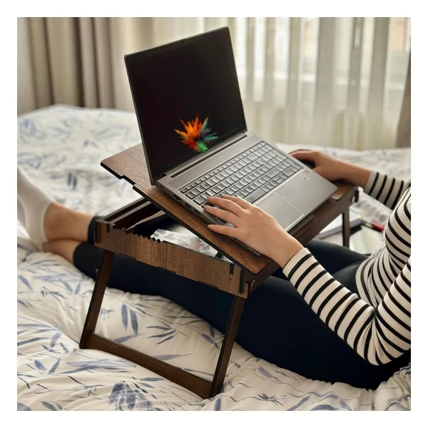 Vigo Wood Katlanır Ayaklı Ayarlanabilir Laptop Sehpası Telefon Bölmeli Bilgisayar Çalışma Sehpası - Görsel 2