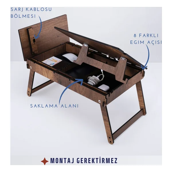 Vigo Wood Katlanır Ayaklı Ayarlanabilir Laptop Sehpası Telefon Bölmeli Bilgisayar Çalışma Sehpası - Görsel 5