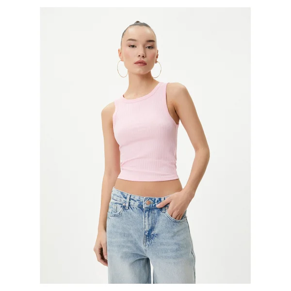 Koton Basic Crop Atlet Bisiklet Yaka Pamuklu Ribanalı - Pembe - Görsel 10