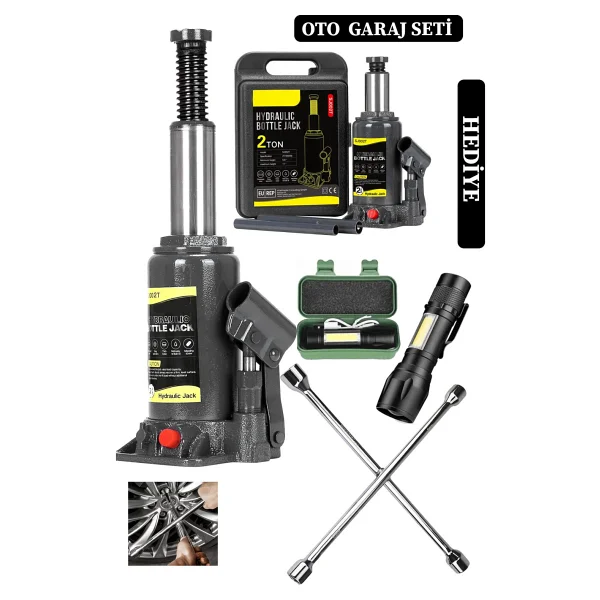 Stilmax Germany 2 Ton Kapasiteli Şişe Tip Araç Krikosu + 4'lü Bijon Set Full Oto Garaj Seti + Fener Hediye - Görsel 2