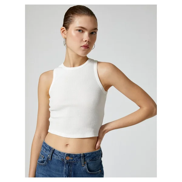 Koton Basic Crop Atlet Bisiklet Yaka Pamuklu Ribanalı - Ekru - XS - Görsel 2