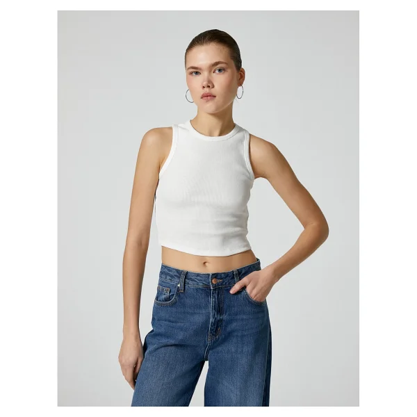 Koton Basic Crop Atlet Bisiklet Yaka Pamuklu Ribanalı - Ekru - XS - Görsel 3