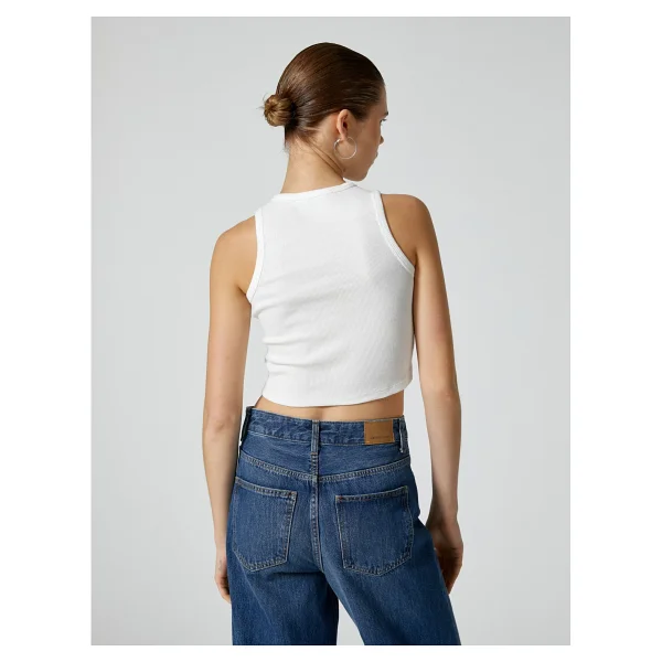 Koton Basic Crop Atlet Bisiklet Yaka Pamuklu Ribanalı - Ekru - XS - Görsel 4