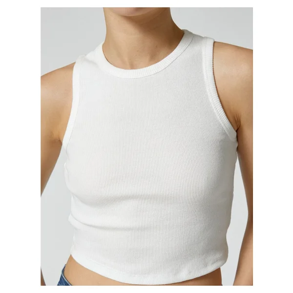 Koton Basic Crop Atlet Bisiklet Yaka Pamuklu Ribanalı - Ekru - XS - Görsel 5
