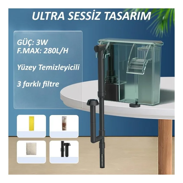 Valkyrie Askılı Şelale Akvaryum Filtre Kafa Motoru Iç Filtre 3w 280l Yüzey Temizleyicili 3 Filtreli - Görsel 5