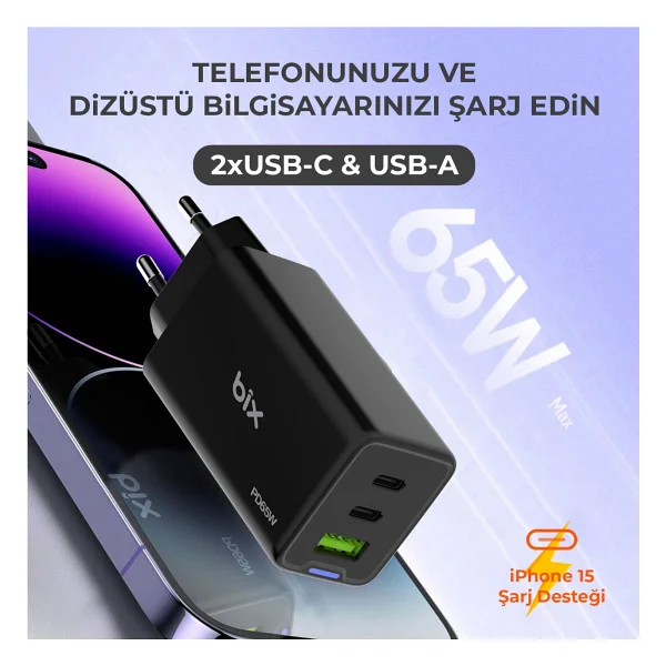 Bix Bx3p66g 65 W Siyah Hızlı Şarj Adaptörü - Görsel 5
