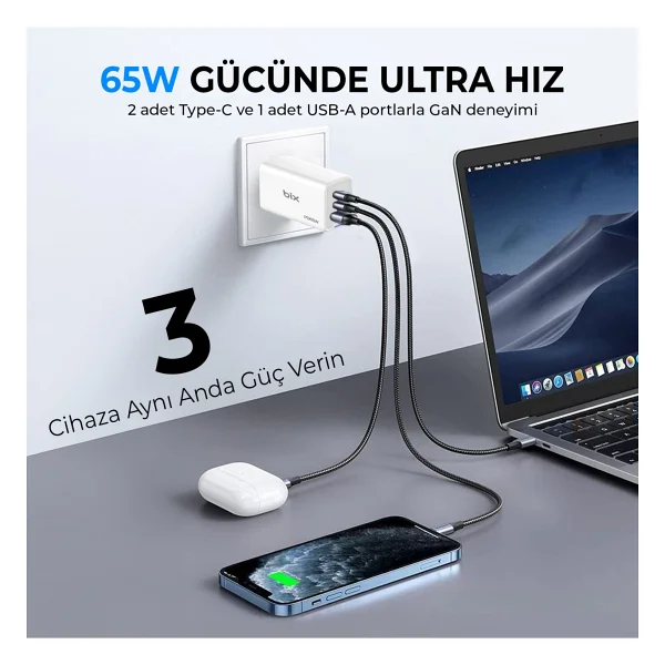 Bix Bx3p66g 65 W Beyaz Hızlı Şarj Adaptörü - Görsel 4