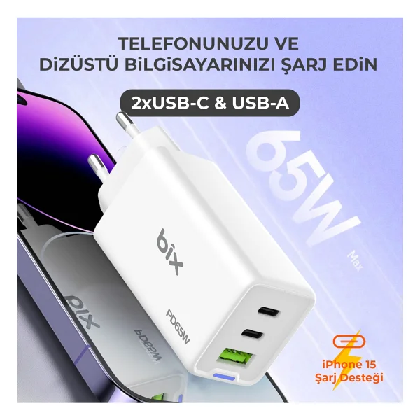 Bix Bx3p66g 65 W Beyaz Hızlı Şarj Adaptörü - Görsel 6