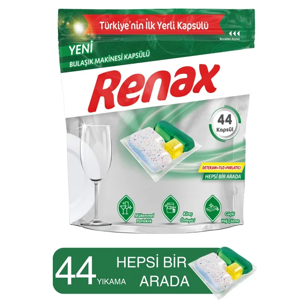 Renax Hepsi Bir Arada Bulaşık Makinesi Kapsülü 44 Yıkama - Yağ Çözücü, Kireç Önleyici Ve Parlaklık Sağlayan - Görsel 6