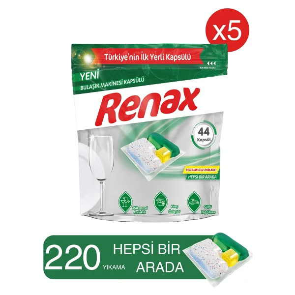 Renax Hepsi Bir Arada Bulaşık Makinesi Kapsülü 44'lü x 5 Paket - Güçlü Yağ ve Kir Temizliği - Görsel 6