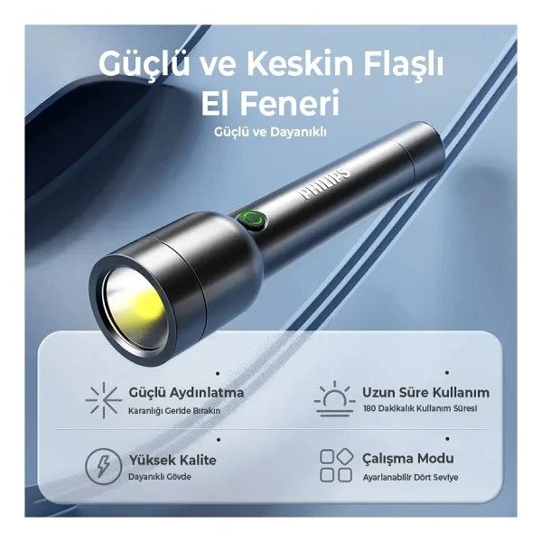 Philips Sfl1236/93 3w 300 Lümen 3 Işık Modlu Type-C Şarj Edilebilir Ultra Hafif Güçlü LED El Feneri - Koyu Gri - Görsel 2