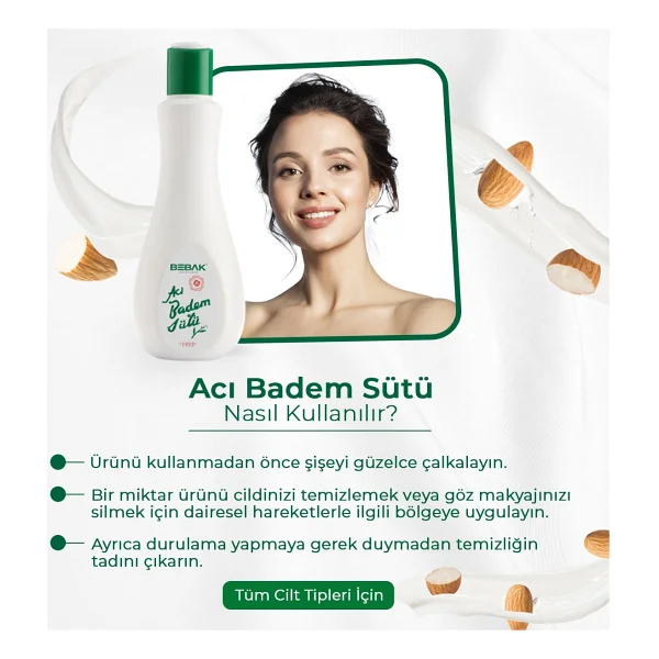 Bebak Acı Badem Nemlendirici 215 Ml 2 Adet Makyaj Ve Yüz Temizleme Sütü - Görsel 4