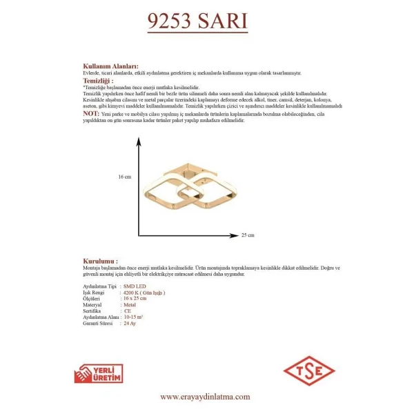 Eray Aydınlatma 9253 Altın Plafonyer LED Avize - Görsel 3
