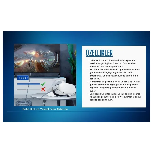 Cosmostech Meta Quest 2 Sanal Gerçeklik Gözlüğü Aksesuarı İçin Link Kablosu 1/2/3/Pro/Pico Uyumlu 3.2 Hızlı Data Kablosu 5m - G - Görsel 4