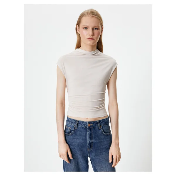 Koton Slim Fit Atlet Dik Yaka Kısa Kollu Drapeli - Ekru - Görsel 3