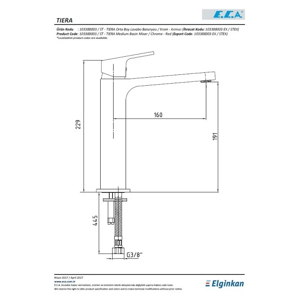 E.C.A. Tiera 103388003 Orta Boy Kırmızı Lavabo Bataryası - Görsel 2