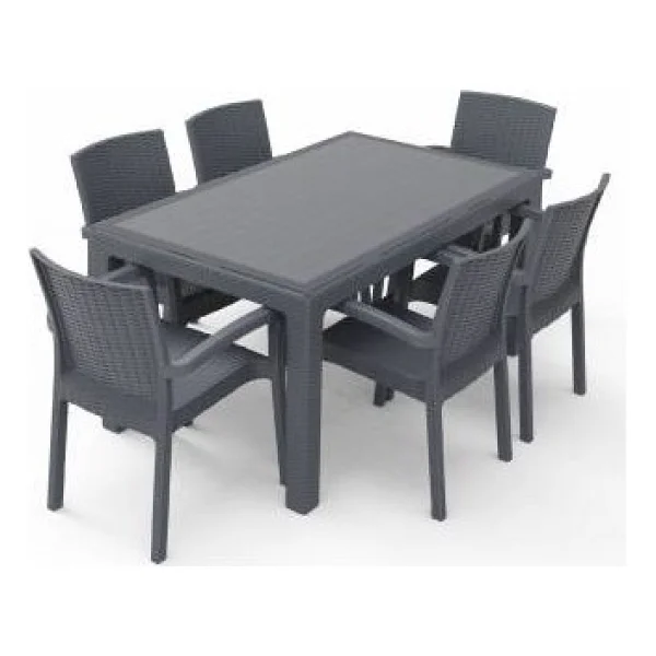 Violet Rattan Masa Takımı 90x150 Camlı Masa 6 Kişilik Rattan Sandalye Seti Bahçe Balkon Teras Takımı - Antrasit - Görsel 4