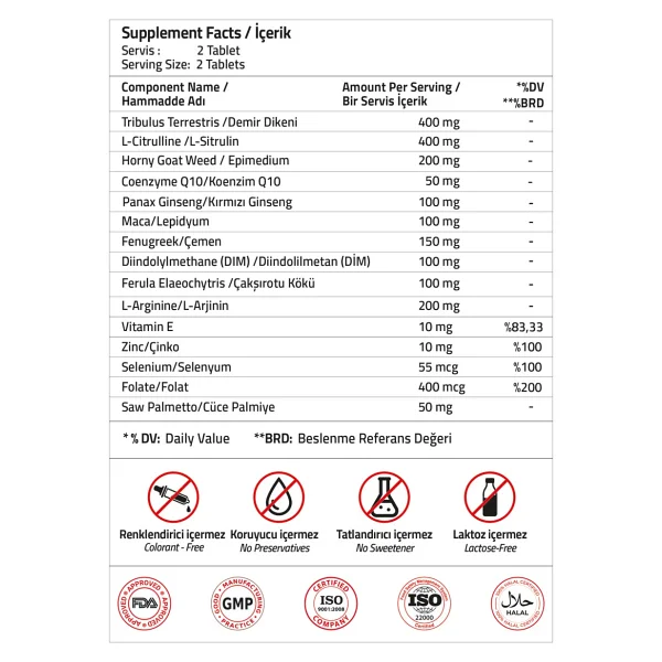 Validus Combo-Men Tribulus 400 Mg + L-Arginine 200 Mg + Maca 100 Mg 60 Tablet - Görsel 3