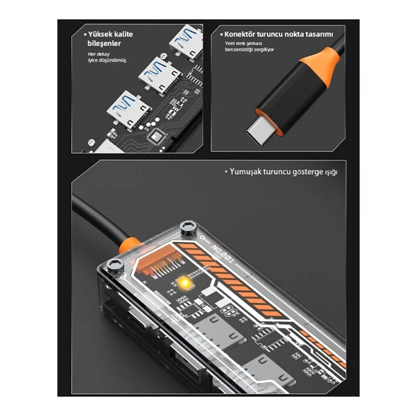 Ally 5in1 Type-C To Usb3.0 + Usb2.0 + Type-C Pd 100w + Hdmı + Ethernet Çoğaltıcı Transparan Hub - Görsel 5
