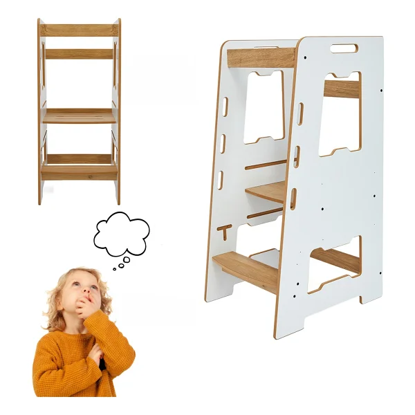 Minera Ahşap Montessori Öğrenme Kulesi 2-6 Yaş / Beyaz + Naturel
