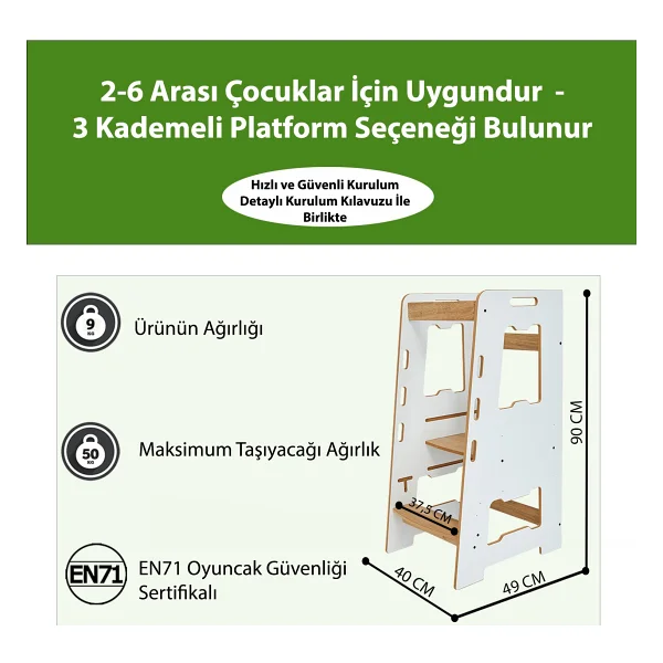 Minera Ahşap Montessori Öğrenme Kulesi 2-6 Yaş / Beyaz + Naturel - Görsel 2
