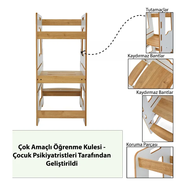 Minera Ahşap Montessori Öğrenme Kulesi 2-6 Yaş / Beyaz + Naturel - Görsel 3