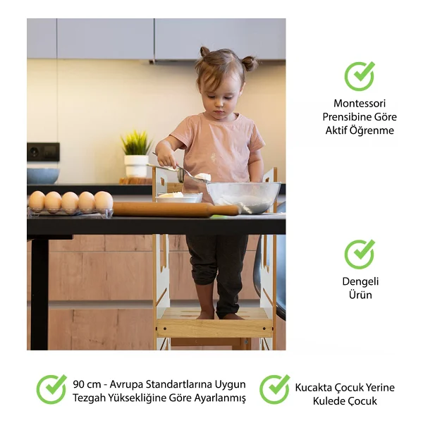 Minera Ahşap Montessori Öğrenme Kulesi 2-6 Yaş / Beyaz + Naturel - Görsel 4