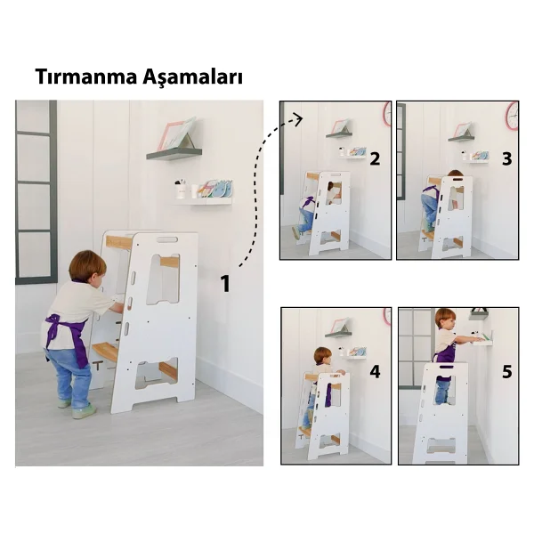 Minera Ahşap Montessori Öğrenme Kulesi 2-6 Yaş / Beyaz + Naturel - Görsel 6