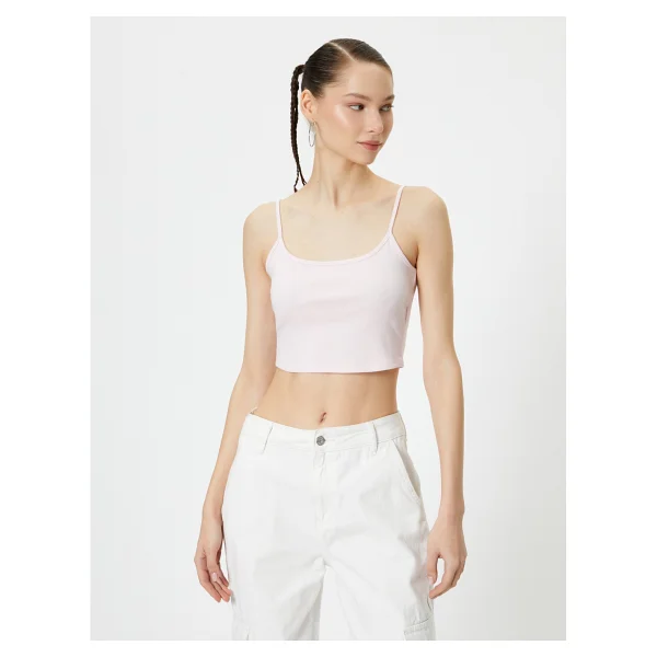 Koton Basic Crop Atlet Ince Askılı Ribanalı Pamuklu - Pembe - Görsel 3