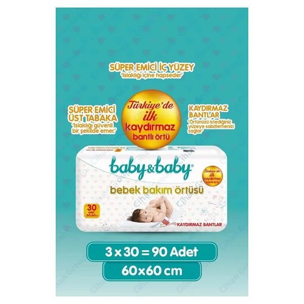 Baby&Baby Kaydırmaz Bantlı 30'lu 3 Paket Bebek Bakım Örtüsü - Görsel 2