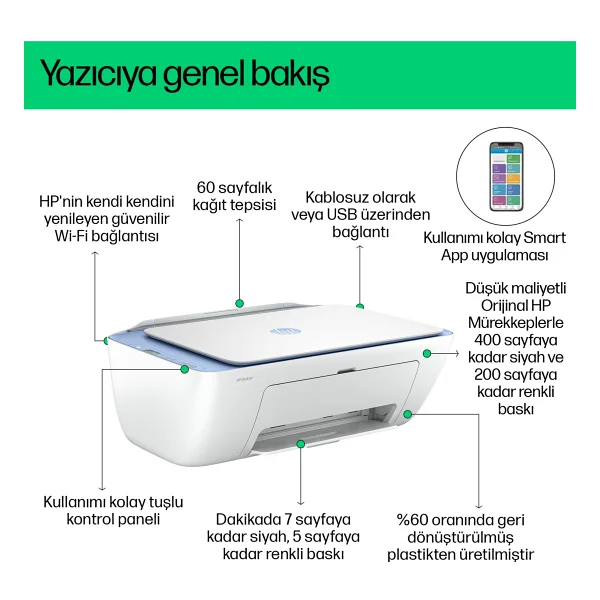 Hp Deskjet 2878 70s63c Wi-Fi + Fotokopi + Tarayıcı Renkli Çok Fonksiyonlu Mürekkep Püskürtmeli Yazıcı - Görsel 5