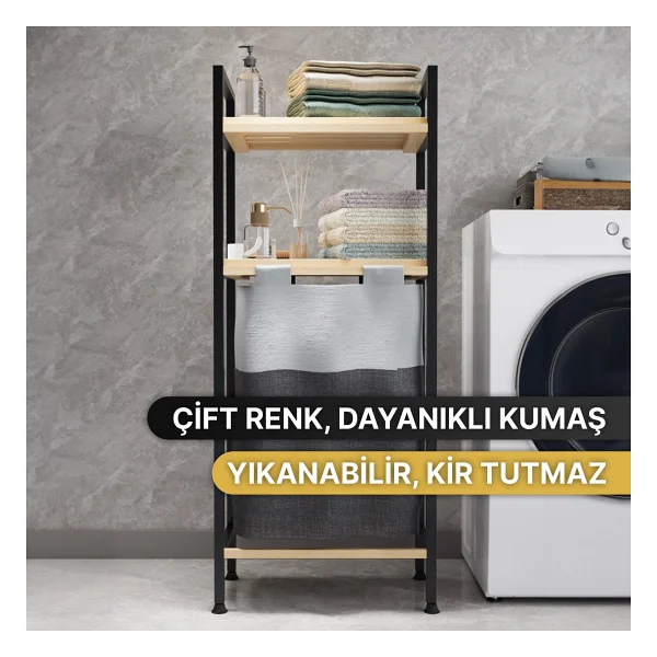 Bino Çamaşır Sepeti Ahşap Raflı Kirli Sepeti 2 Katlı Büyük Boy Kapaklı Çok Amaçlı Banyo Düzenleyici - Görsel 2