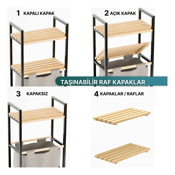 Bino Çamaşır Sepeti Ahşap Raflı Kirli Sepeti 2 Katlı Büyük Boy Kapaklı Çok Amaçlı Banyo Düzenleyici - Görsel 4