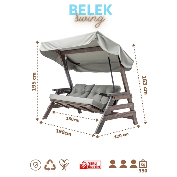 Viranze Ahşap Belek Swing 3 Kişilik Ahşap Dış Mekan Bahçe Balkon Ve Teras Salıncağı Gri - Görsel 7