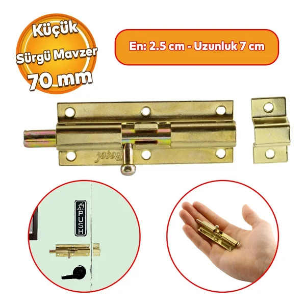 Badem10 Küçük Mavzer Sürgü Sürgülü Sürgüsü Kilit Sarı 25x70 Mm Kapı Pencere Emniyet Kilidi Metal Prinç Sarı - Görsel 7