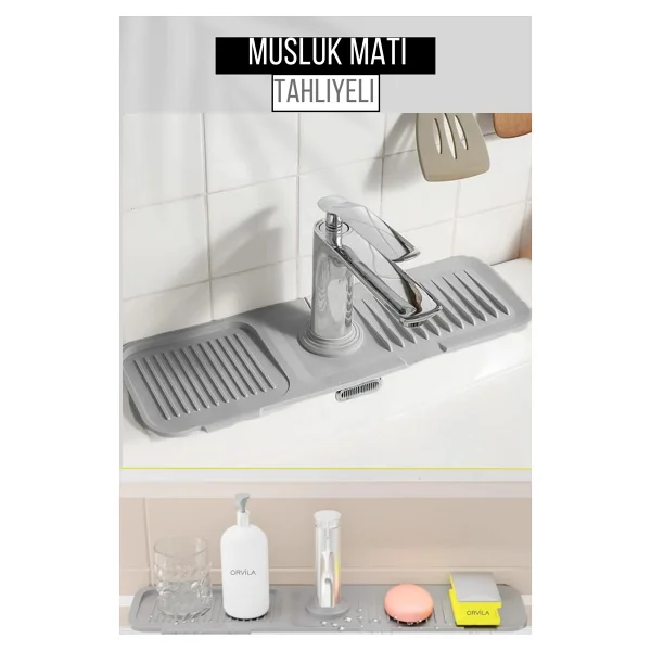 Orvila Elastik Musluk Matı Su Tutucu Düzenleyici Kaydırmaz Taban Organizer Mutfak Banyo Lavabo Gri - Görsel 9